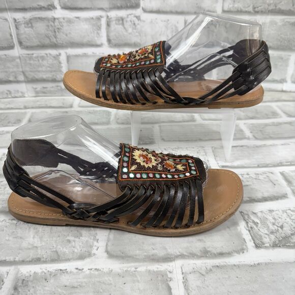 Faded Glory Rhonda Women's Size 9 Brown Leather Mexican Style Huarache Sandals - Picture 1 of 11